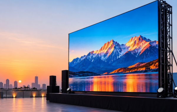 Large rental LED screen displaying vibrant visuals on a stage for events and outdoor presentations.