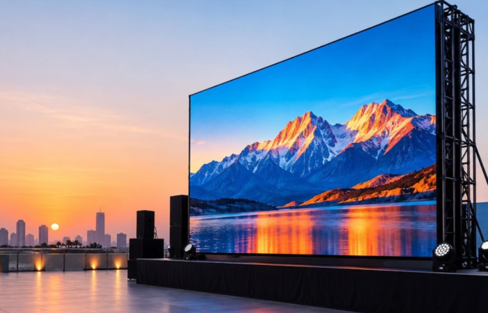 Large rental LED screen displaying vibrant visuals on a stage for events and outdoor presentations.