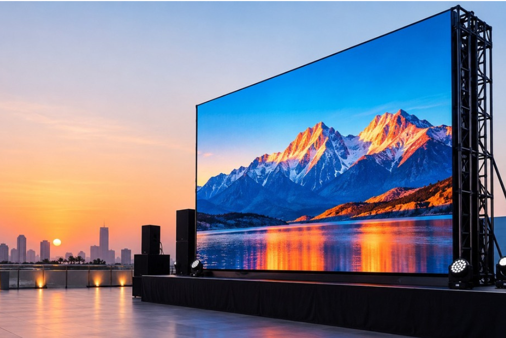 Large rental LED screen displaying vibrant visuals on a stage for events and outdoor presentations.